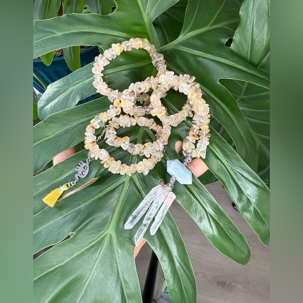 Golden Rutile Quartz Necklace with Aquamarine & Clear Quartz Pendant